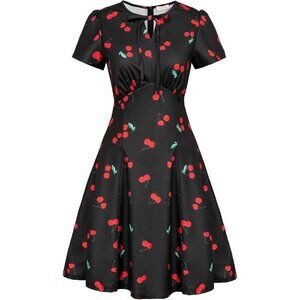 Women Floral Dress 1940s Retro A Line Stretchy Black Midi Dress for School Dance